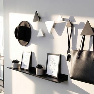 May include: A contemporary wall display with a black hat, tote bag, and triangular hooks. A black shelf holds framed art and potted succulents. The color scheme is mainly black, white, and grey, creating a minimalist aesthetic.