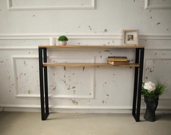 Metal console with shelf, console with oak top, industrial hallway table, narrow console for entryway, customizable colors, modern design