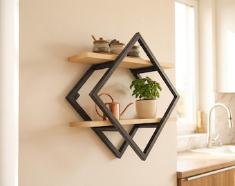 Geometric Floating Wall Shelf, Metal & Ash Wood Decor, Decor Shelf for photos, accessories, Modern Decor Organizer, Kitchen Shelf