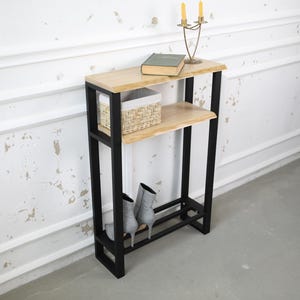 Metal console with shelf, console ash oak top, industrial hallway table, narrow console for entryway, customizable colors, modern design