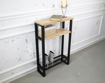 Metal console with shelf, console ash oak top, industrial hallway table, narrow console for entryway, customizable colors, modern design