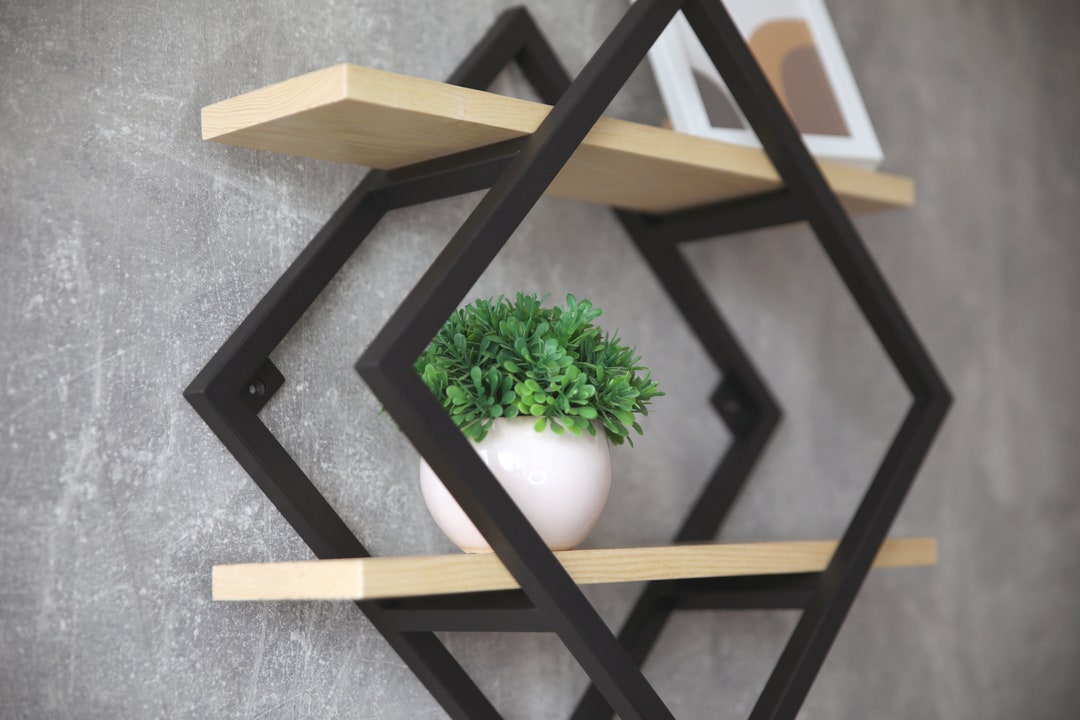 Geometric Floating Wall Shelf: Metal & Ash Wood Decor - Etsy