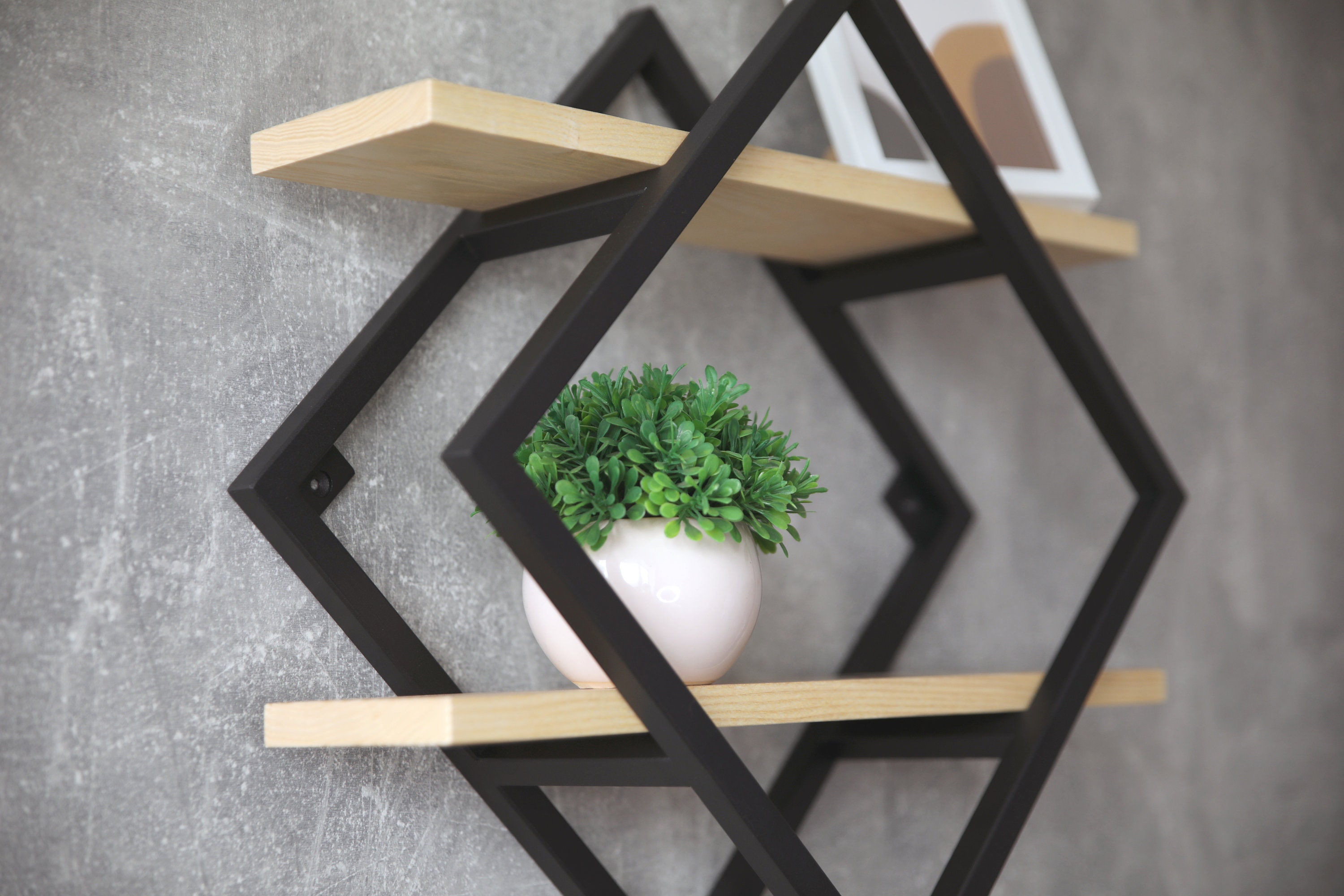 Square metal wood wall shelf, Geometric floating shelf, Wood & Metal, Steel, Wall Decor, Wall shelf oak wood comes with metal construction
