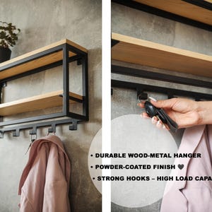 Entryway wall mounted coat rack with hooks Industrial metal decor Hallway floating shelf Black wooden towel rail Farmhouse coat stand gifts