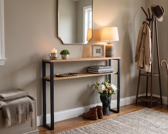 Metal console with shelf, console with oak top, industrial hallway table, narrow console for entryway, customizable colors, modern design