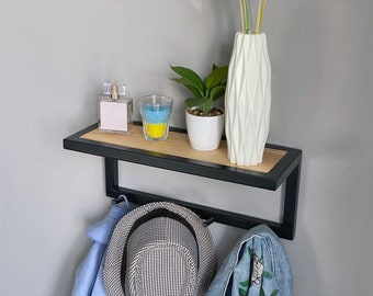 Industrial Entryway Shelf with Hooks: Metal & Wood Wall Mounted Coat Rack