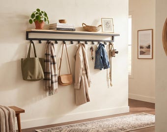 Entryway wall mounted coat rack with hooks Industrial metal decor Hallway floating shelf Black wooden towel rail Farmhouse coat stand gifts