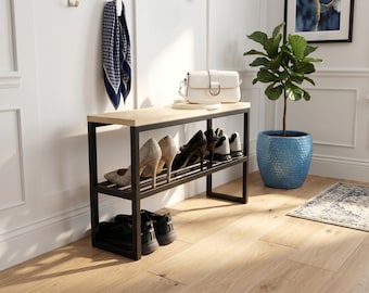 Entryway Shoe Bench with Storage, Narrow Wood and Metal Bench, Industrial Shoe Rack, Modern Hallway Bench, Custom Size