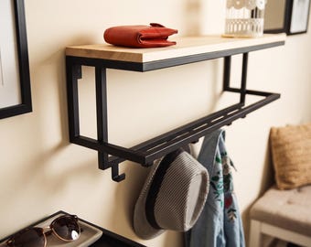 Wall Mounted Clothes Rack with Hanger Rail, Wood and Metal Coat Rack, Entryway Organizer, Modern Hallway Garment Rack