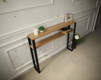 Metal console with shelf, console with oak top, industrial hallway table, narrow console for entryway, customizable colors, modern design