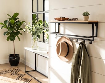 Wall Mounted Coat Rack with Hanger Rail, Wood and Metal Clothes Rack, Entryway Organizer, Modern Hallway Coat Hanger