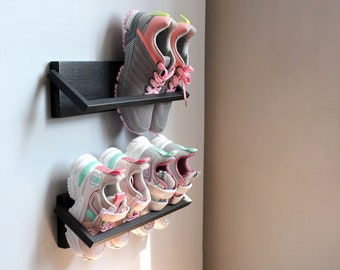 Wall mounted shoe rack | Shoe rack entryway | Industrial metal shoe shelf for hallway decor | Reclaimed custom shoe rack  |Outdoor shoe rack