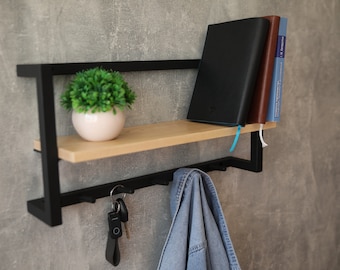 Custom Wall Shelf with Hooks: Wooden Entryway Coat Hanger