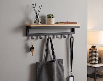 Entryway wall mounted coat rack with hooks Industrial metal decor Hallway floating shelf Black wooden towel rail Farmhouse coat stand gifts