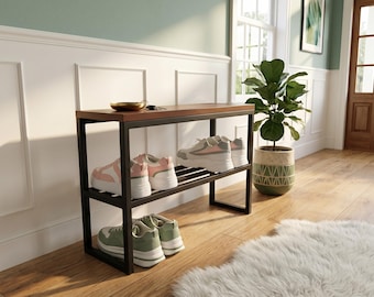 Entryway Shoe Bench with Storage, Narrow Wood and Metal Bench, Industrial Shoe Rack, Modern Hallway Bench, Custom Size