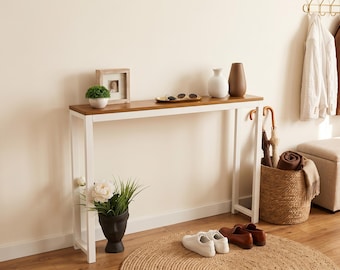 Modern Entryway Console Table, Narrow Hallway Table, Solid Wood & Metal Console, Slim Sofa Table, Minimalist Foyer Furniture