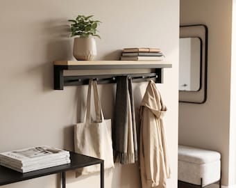 Wall coat rack with hooks, Wood and metal entryway hanger, Handmade wall mounted coat rack, Modern hallway organizer, Minimalist decor