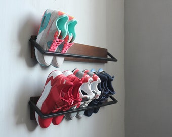 Set two wall mounted shoe rack | Shoe rack entryway | Industrial shoe shelf hallway decor | Reclaimed custom shoe rack  |Outdoor shoe rack