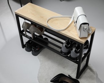 Industrial Metal & Wood Entryway Shoe Bench - Hallway Organizer