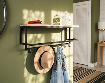 Wall Mounted Coat Rack with Hanger Rail, Wood and Metal Clothes Rack, Entryway Organizer, Modern Hallway Coat Hanger