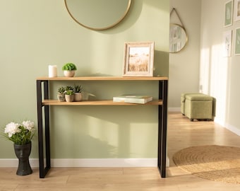 Modern Console Table with Shelf, Entryway Console, Narrow Hallway Table, Solid Wood & Metal Sofa Table, Minimalist Foyer Furniture