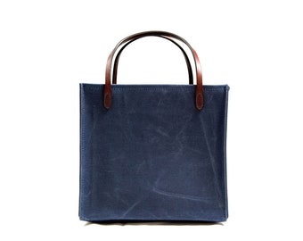 Handmade Navy Canvas Tote Bag: Large Leather Handle Shopper