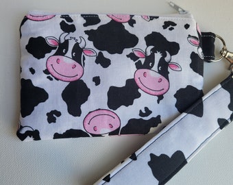 Holstein Cow Print Wristlet with Matching Keychain, Cotton Card Holder