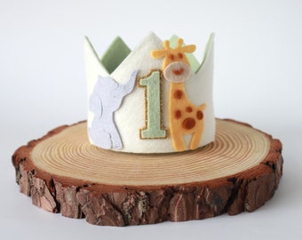 Wild one birthday crown. Jungle, Safari animal two wild birthday party hat. Elephant & Giraffe sage green, I'm a wild one high chair banner.