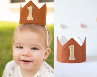 Brown birthday crown for a teddy bear/woodland/one happy camper/forest first birthday party. Young wild and three birthday custom party hat