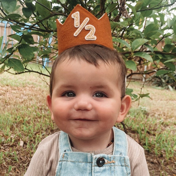 Half birthday crown. 6 month birthday hat. 1/2 birthday boy party hat. Half way to one baby girl prop. Rusty brown bear birthday.
