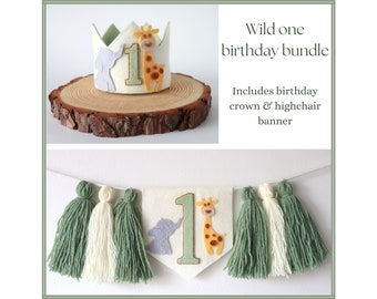 Wild one birthday crown and high chair banner for a Safari, jungle birthday. Sage green birthday party hat and garland.