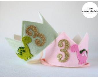 Three Rex birthday crown for a dinosaur, wild one, safari, young wild and three birthday party. Pink girl dinosaur birthday hat. Boy dino