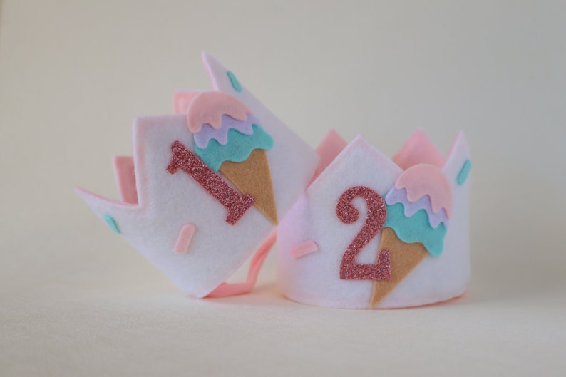 Sweet one ice cream birthday party hat. Two sweet birthday crown. Pink scoop ice cream truck bday. Summer first birthday hat. image 2
