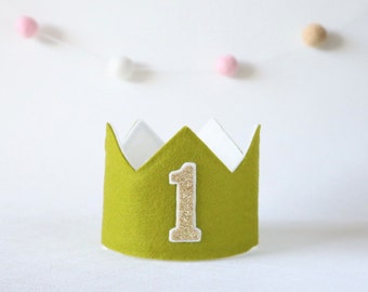 Chartreuse / moss green birthday crown for a Wild one, woodland, forest 1st birthday party. First birthday party hat.