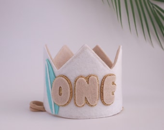 The big one surf birthday crown. First wave party hat. Twobular Retro beach birthday. Boho neutral colour surfing birthday.