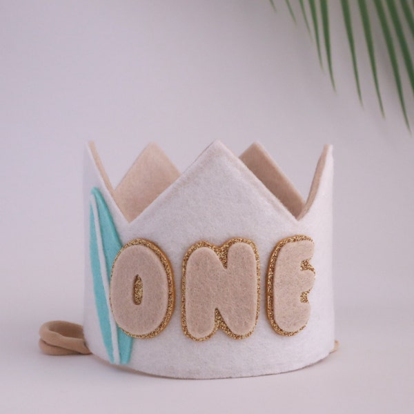 The big one surf birthday crown. First wave party hat. Twobular Retro beach birthday. Boho neutral colour surfing birthday.