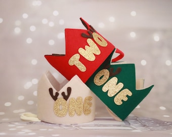 Winter onederland birthday crown for a one-deer-ful Christmas birthday party. Merry birthday party hat props. Oh what fun first birthday hat