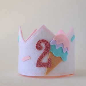 Sweet one ice cream birthday party hat. Two sweet birthday crown. Pink scoop ice cream truck bday. Summer first birthday hat. image 4