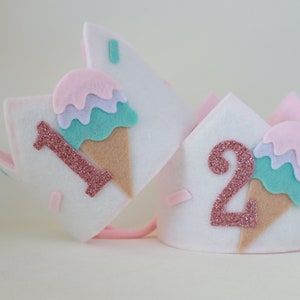 Sweet one ice cream birthday party hat. Two sweet birthday crown. Pink scoop ice cream truck bday. Summer first birthday hat. image 7