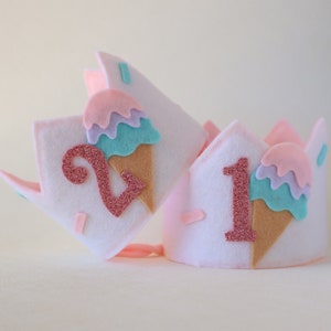 Sweet one ice cream birthday party hat. Two sweet birthday crown. Pink scoop ice cream truck bday. Summer first birthday hat. image 1