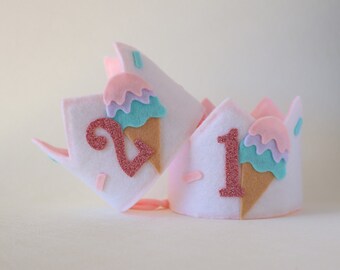 Sweet one ice cream birthday party hat. Two sweet birthday crown. Pink scoop ice cream truck bday. Summer first birthday hat.