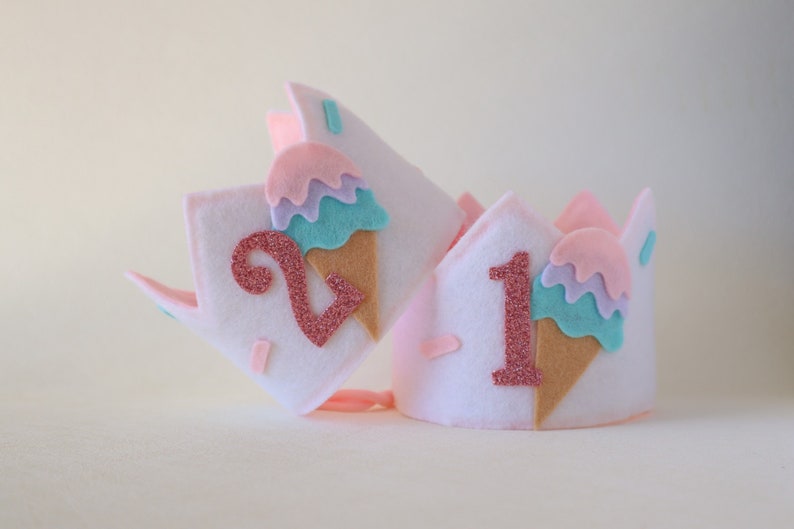 Sweet one ice cream birthday party hat. Two sweet birthday crown. Pink scoop ice cream truck bday. Summer first birthday hat. image 1