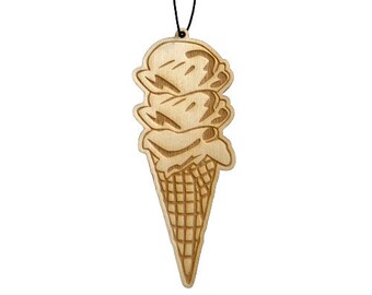 May include: A wooden ice cream cone ornament with a three-scoop ice cream design. The ornament is light brown and has a string for hanging.