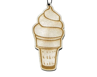 May include: A wooden cutout of a vanilla ice cream cone. The cone is light brown and the ice cream is white.