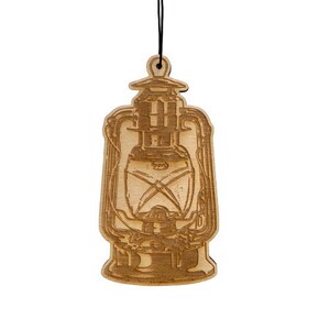 May include: A wooden ornament shaped like an oil lamp. The lamp is detailed with a carved design and has a black string attached to the top.