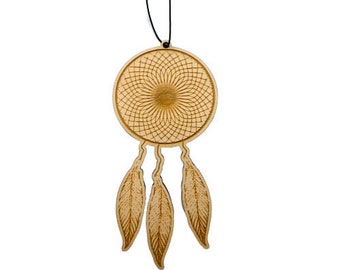 May include: A wooden dream catcher with a brown, circular frame and intricate woven design. Three feathers hang from the bottom of the frame.