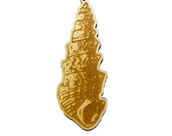 May include: A wooden ornament shaped like a seashell with intricate details. The ornament is light brown and has a string attached for hanging.