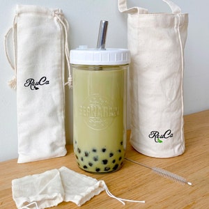 1 Set- Sac + Couvercle en plastique Bubble Tea / Smoothie 240z Mason Jar- Couvercle à large bouche- Paille en acier inoxydable