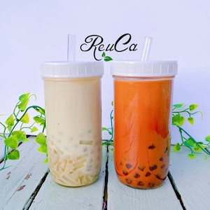 2 ensembles - Couvercle en plastique étanche Bubble Tea Pot Mason de 24 oz - Tasse - Paille en verre