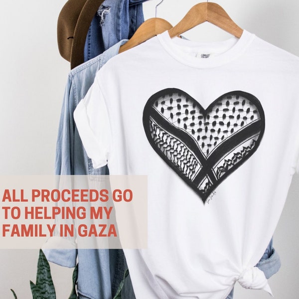 Keffiyeh Heart T-Shirt, Fundraiser for Palestinian family in Gaza by Saher Jafri